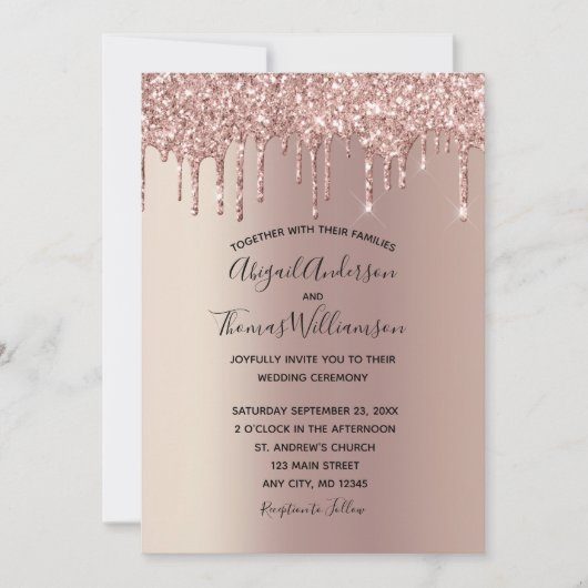 Roos Gold Glitter Drip Trendy Elegant Wedding Kaart (Voorkant)
