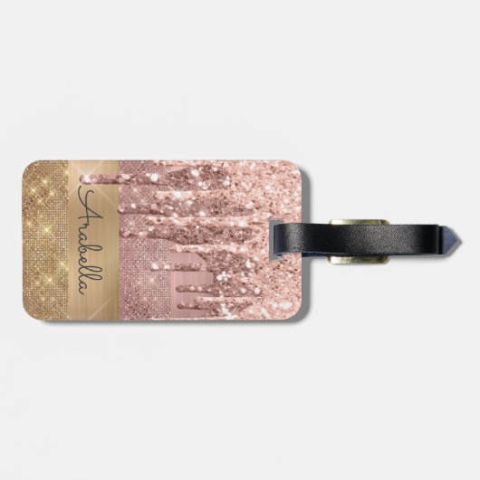 Roos Gold Glitter Dripping Gold Stripes Monogram Bagagelabel (Achterkant horizontaal)