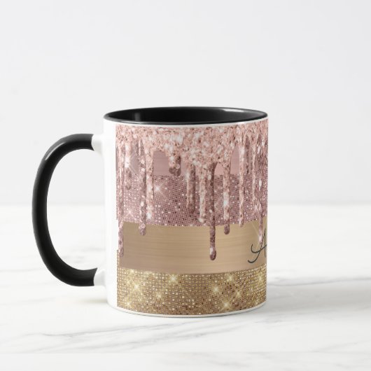 Roos Gold Glitter Dripping Gold Stripes Monogram Mok (Links)