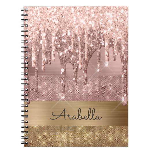 Roos Gold Glitter Dripping Gold Stripes Monogram Notitieboek (Voorkant)