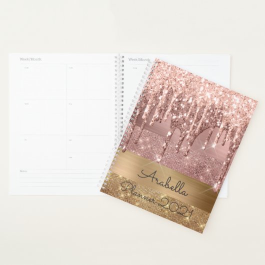 Roos Gold Glitter Dripping Gold Stripes Monogram Planner (Display)