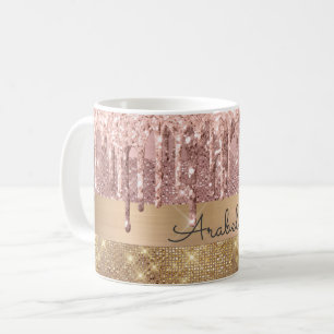 Roos Gold Glitter Dripping Gold Stripes Naam Koffiemok