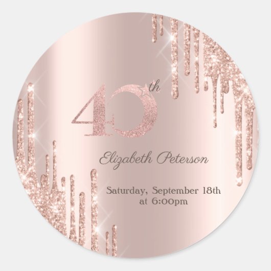 Roos Gold Glitter Drips 40e verjaardag Ronde Sticker (Voorkant)