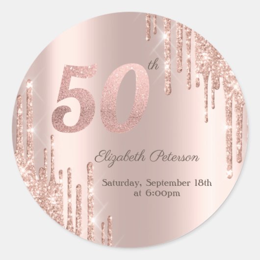 Roos Gold Glitter Drips 50e verjaardag Ronde Sticker (Voorkant)