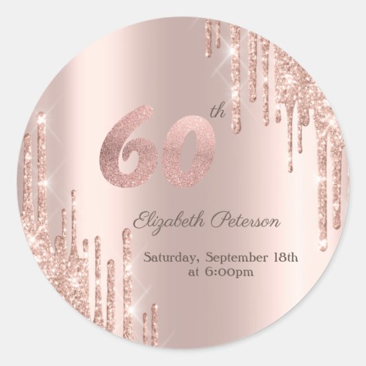 Roos Gold Glitter Drips 60ste verjaardagsfeestje Ronde Sticker (Voorkant)