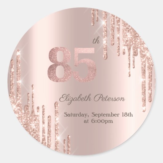 Roos Gold Glitter Drips 85ste verjaardagsfeestje Ronde Sticker (Voorkant)