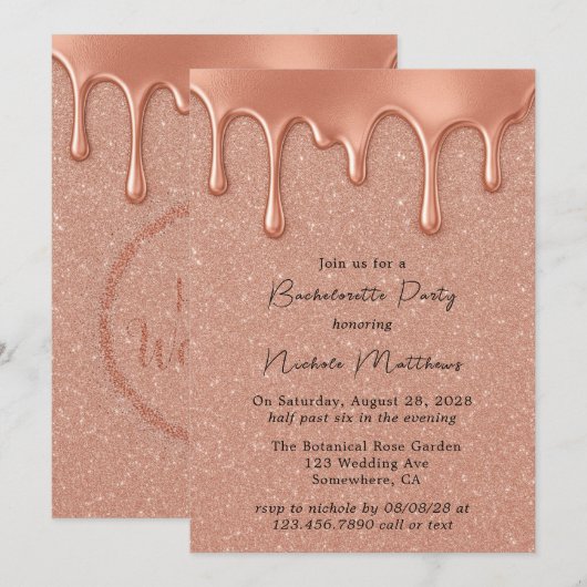 Roos Gold Glitter & Drips Bachelorette Party Kaart (Voorkant / Achterkant)