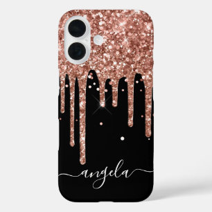 Roos Gold Glitter Drips Black Glam Signature iPhone 16 Hoesje