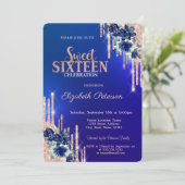 Roos Gold Glitter Drips Blue Flowers Sweet 16 Kaart (Staand voorkant)