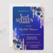 Roos Gold Glitter Drips Blue Flowers Sweet 16 Kaart (Voorkant)