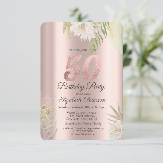 Roos Gold Glitter Drips Boho Flowers 50th Birthday Kaart (Staand voorkant)
