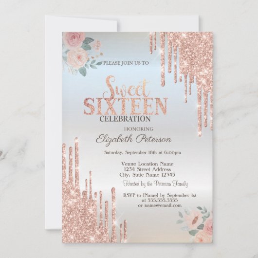 Roos Gold Glitter Drips Boho Rozen Silver Sweet 16 Kaart (Voorkant)