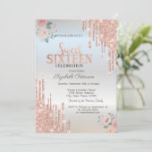 Roos Gold Glitter Drips Boho Rozen Silver Sweet 16 Kaart (Staand voorkant)