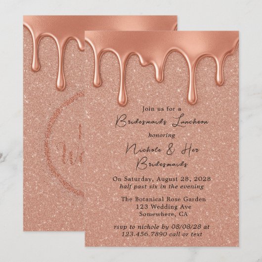 Roos Gold Glitter & Drips Bruidsmeisjes Luncheon Kaart (Voorkant / Achterkant)