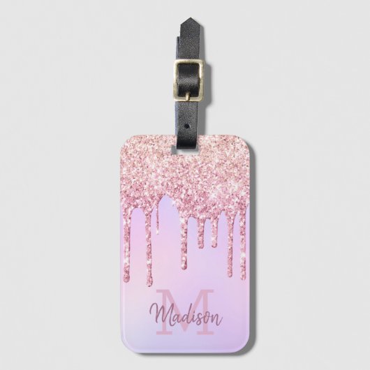 Roos Gold Glitter Drips Eenhoorn Ombre Monogrammed Bagagelabel (Voorkant (verticaal))