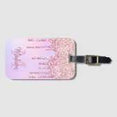 Roos Gold Glitter Drips Eenhoorn Ombre Monogrammed Bagagelabel (Voorkant (horizontaal))