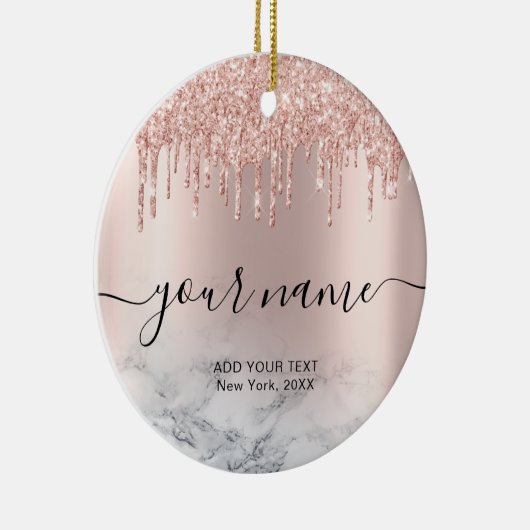 Roos Gold Glitter Drips Elegant Chic Script Naam Keramisch Ornament (Rechts)