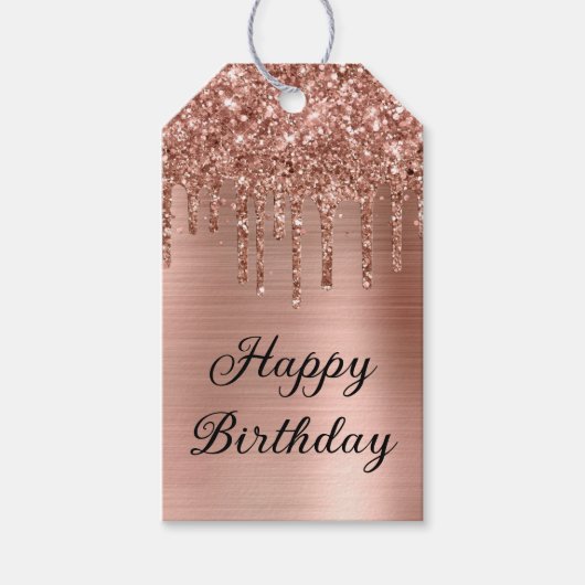 Roos Gold Glitter Drips Folie Happy Birthday Cadeaulabel (Voorkant)