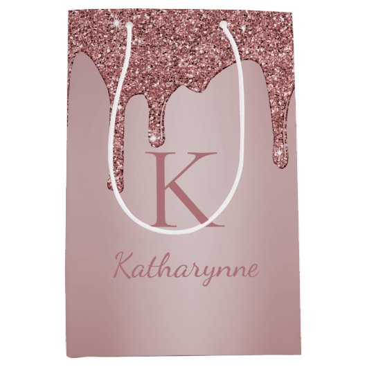 Roos Gold Glitter Drips Glam Sparkle Monogram Medium Cadeauzakje (Voorkant)