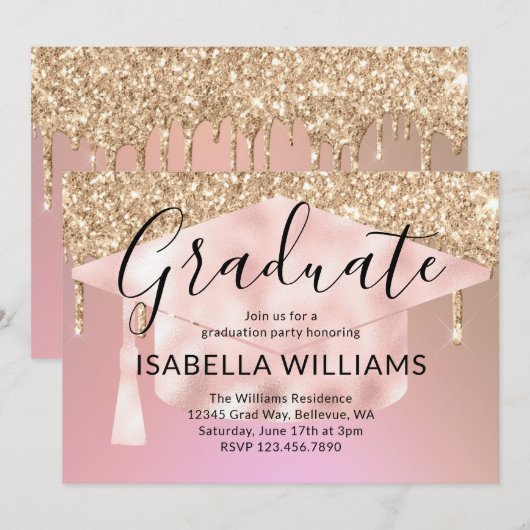 Roos Gold Glitter Drips Graduparty Kaart (Voorkant / Achterkant)