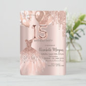 Roos Gold Glitter Drips Jurk Ballonnen Quinceanera Kaart (Staand voorkant)