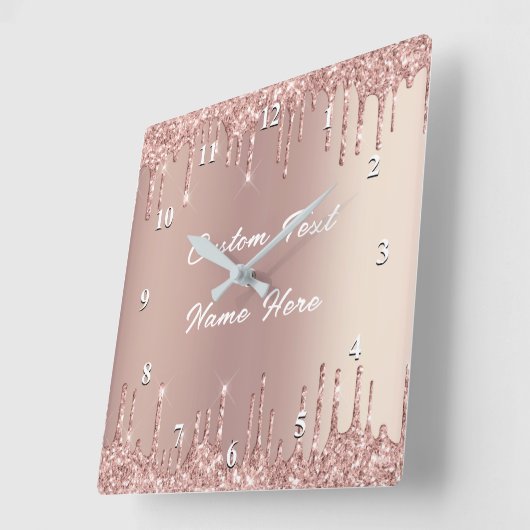 Roos Gold Glitter Drips Klok met Aangepaste Tekst (Hoek)