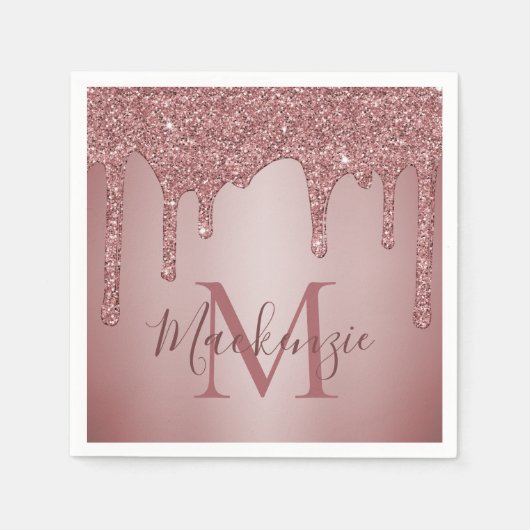 Roos Gold Glitter Drips Mode Monogram Servet (Voorkant)
