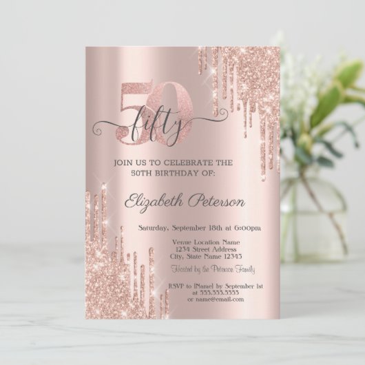 Roos Gold Glitter Drips Roos Gold 50ste Verjaardag Kaart (Staand voorkant)