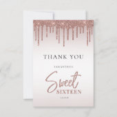Roos Gold Glitter Drips Script Sweet 16 Bedankkaart (Voorkant)
