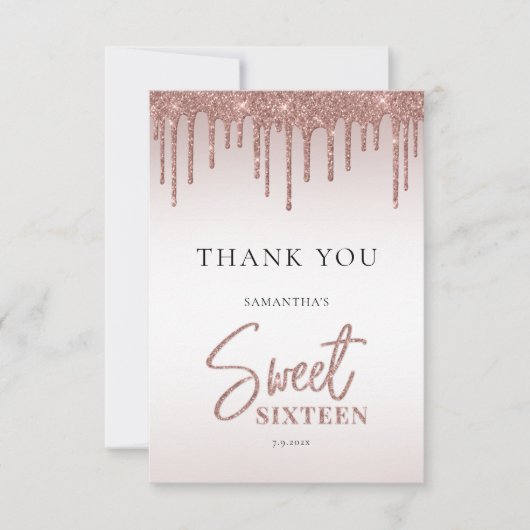 Roos Gold Glitter Drips Script Sweet 16 Bedankkaart (Voorkant)