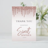 Roos Gold Glitter Drips Script Sweet 16 Bedankkaart (Staand voorkant)