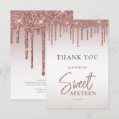 Roos Gold Glitter Drips Script Sweet 16 Bedankkaart (Voorkant / Achterkant)