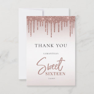 Roos Gold Glitter Drips Script Sweet 16 Bedankkaart