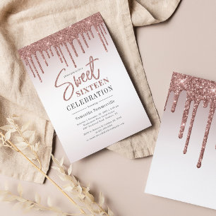 Roos Gold Glitter Drips Script Sweet 16 Uitnodigin