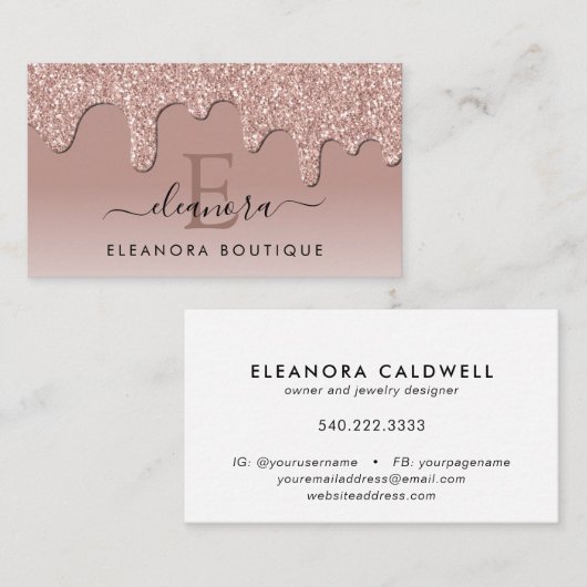 Roos Gold Glitter Drips Sieraden Designer Monogram Visitekaartje (Voorkant / Achterkant)