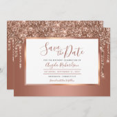 Roos Gold Glitter Drips Sparkle Verjaardagsfeest Save The Date (Voorkant / Achterkant)