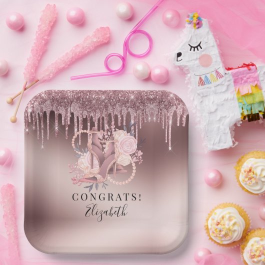 Roos Gold Glitter Drips Verrassingspensioen Papieren Bordje (Feest)