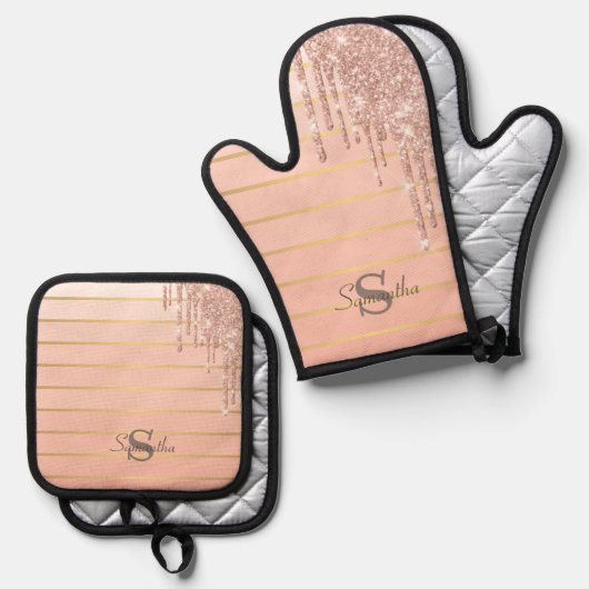 Roos Gold Glitter Drivers gestript Ovenwant & Pannenlap Set (Voorkant / Achterkant)