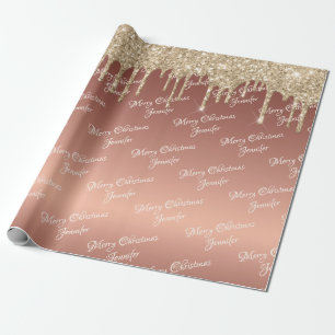 Roos Gold Glitter Driving Kerstmis Name Script Cadeaupapier