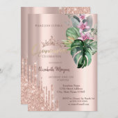 Roos Gold Glitter Drop Tropical Flowers Kaart (Voorkant / Achterkant)