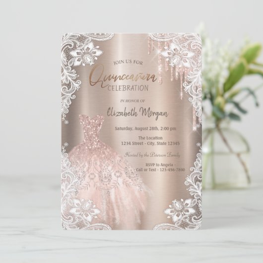 Roos Gold Glitter drukt de dress Quinceañera af Kaart (Staand voorkant)
