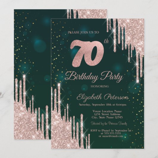 Roos Gold Glitter drukt groen 70e verjaardag op Kaart (Voorkant / Achterkant)