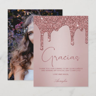 Roos Gold Glitter drukt Quinceanera Photo Gracias  Bedankkaart