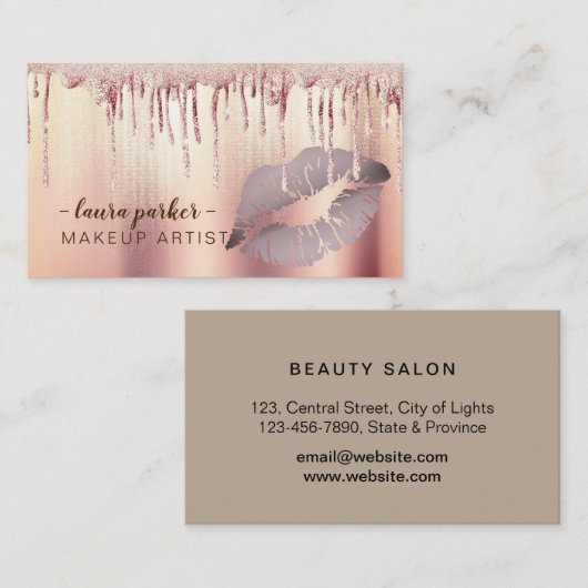 Roos Gold Glitter Druppelende Lippen Make-up Artie Visitekaartje (Voorkant / Achterkant)