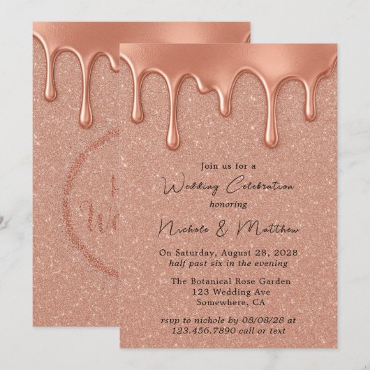 Roos Gold Glitter & Druppels Huwelijksfeest Kaart (Voorkant / Achterkant)