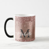 Roos Gold Glitter Druppels op Roze Metalen Monogra Magische Mok (Links)