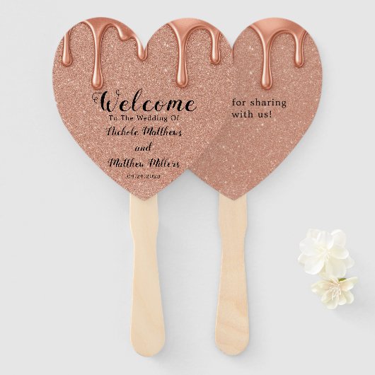 Roos Gold Glitter & Druppels Wedding Bedankt Handwaaier (Voorkant en achterkant)