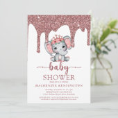 Roos Gold Glitter druppelt lephant Girl Baby showe Kaart (Staand voorkant)