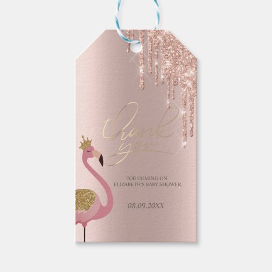 Roos Gold Glitter druppelt roze flamingo Baby show Cadeaulabel (Voorkant)