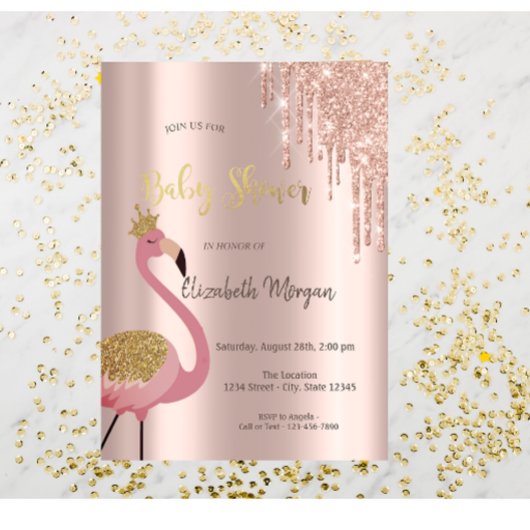 Roos Gold Glitter druppelt roze flamingo Baby show Kaart
